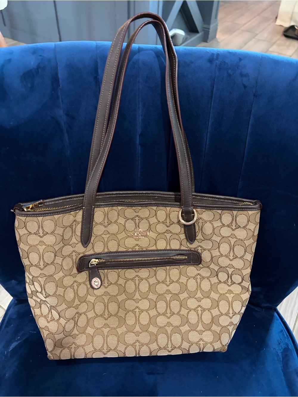 Coach Beige Signature Canvas Tote with Dark Brown Trim
